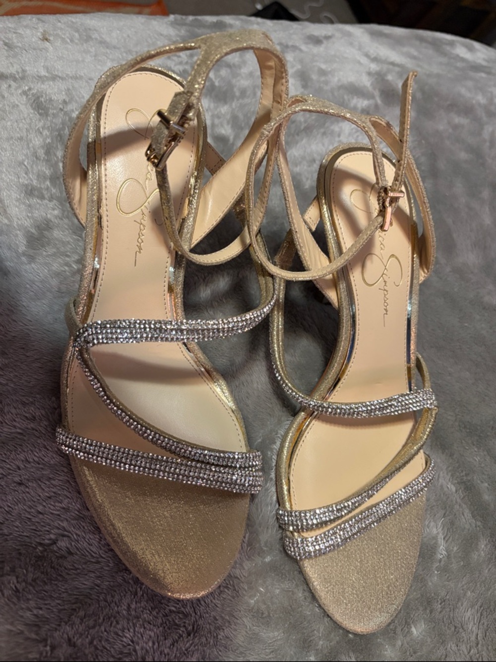 Jessica Simpson Champagne Gold Glitter Strappy Heels with Rhinestones